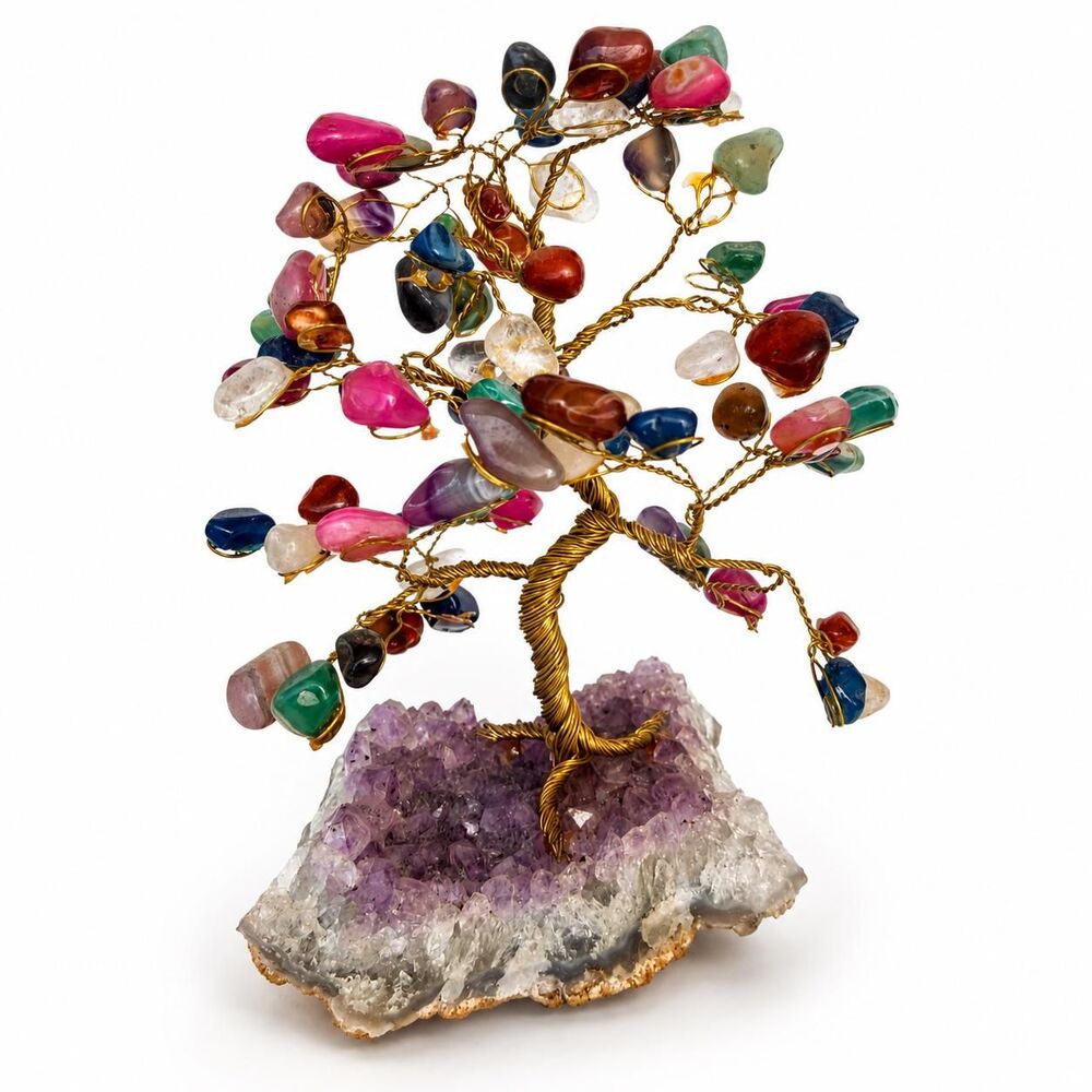 Handmade Gemstone Tree of Life | Amethyst Crystal Base, Wire Wrapped Bonsai Deco